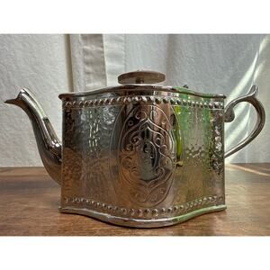 Vintage Metal Teapot Made in India Silver Toned Hammered Embossed Wooden Handle